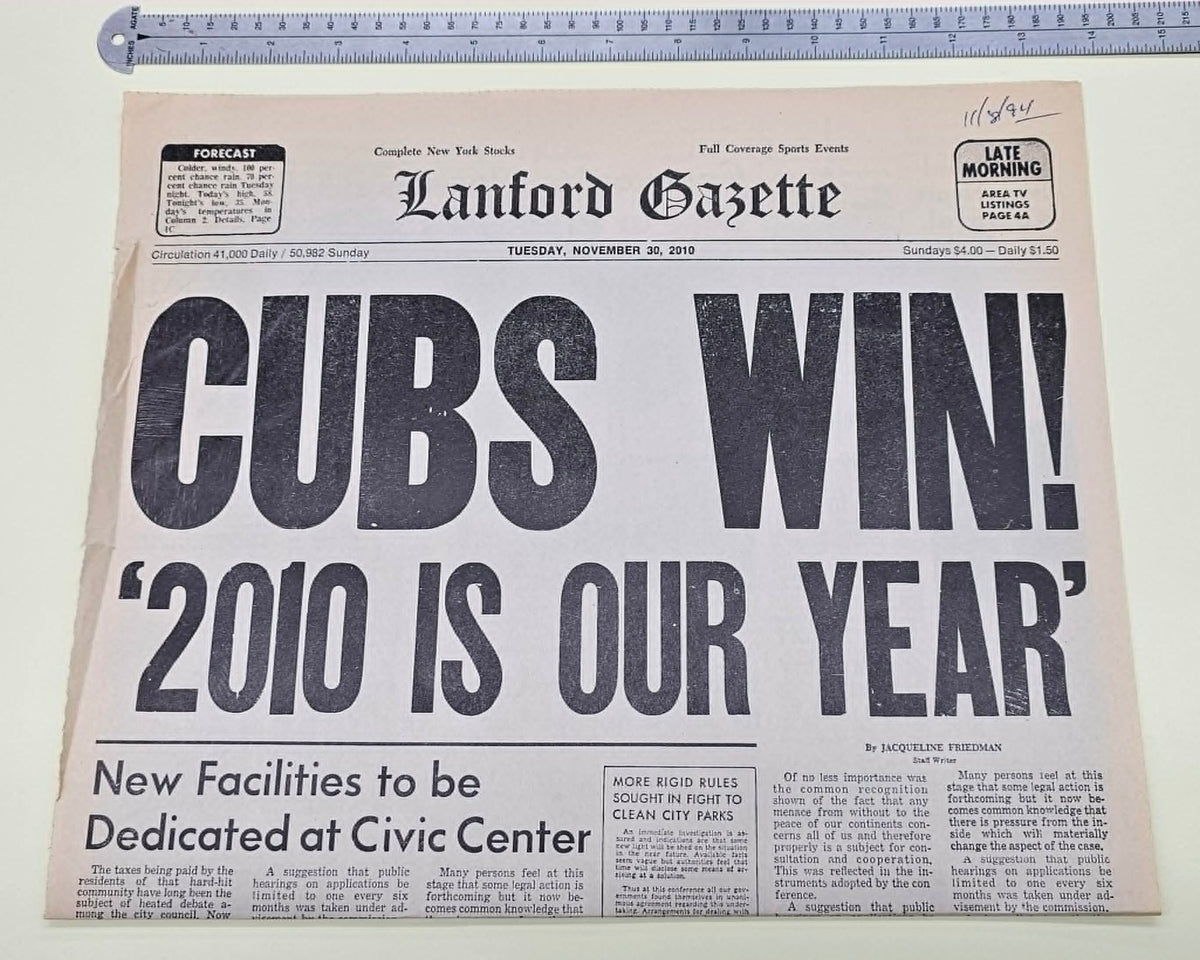 Roseanne (ABC TV, 1988-97) Lanford Gazette 'Cubs Win! 2010 Is Our Year' Newspaper