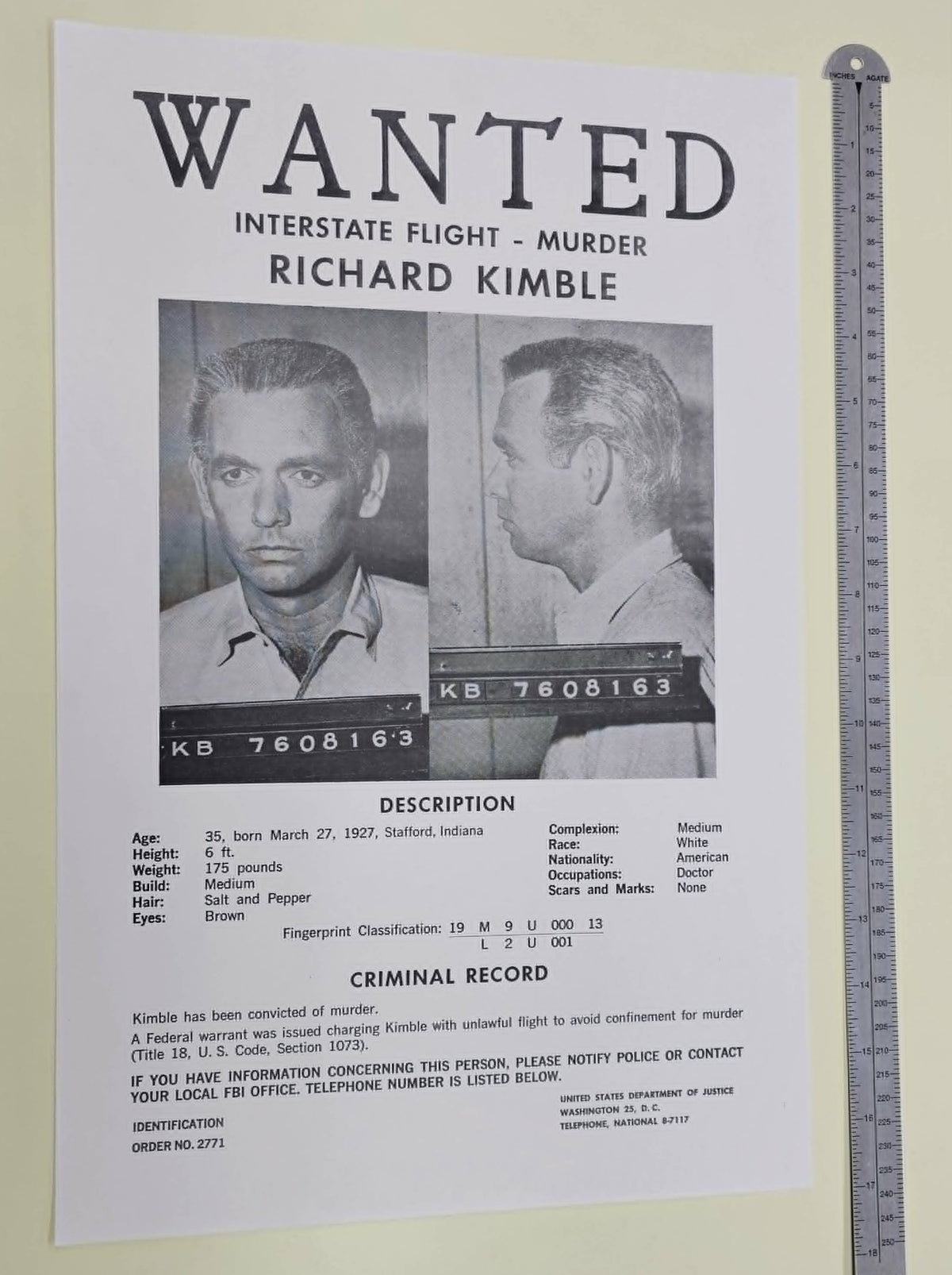 The Fugitive (ABC TV, 1963-67) Richard Kimble Wanted Poster