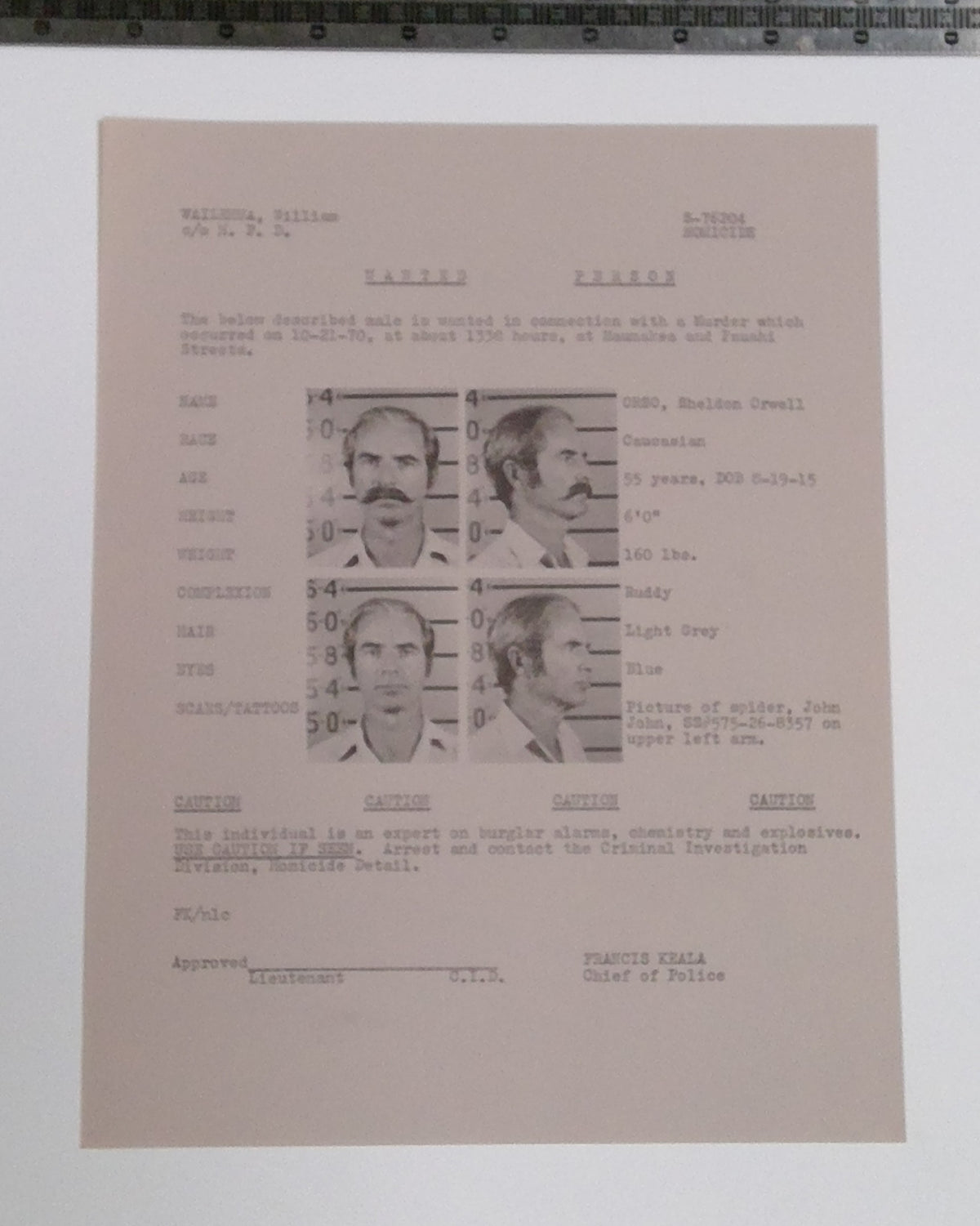 Hawaii Five-O (CBS TV, 1971) Sheldon Orwell Wanted Poster
