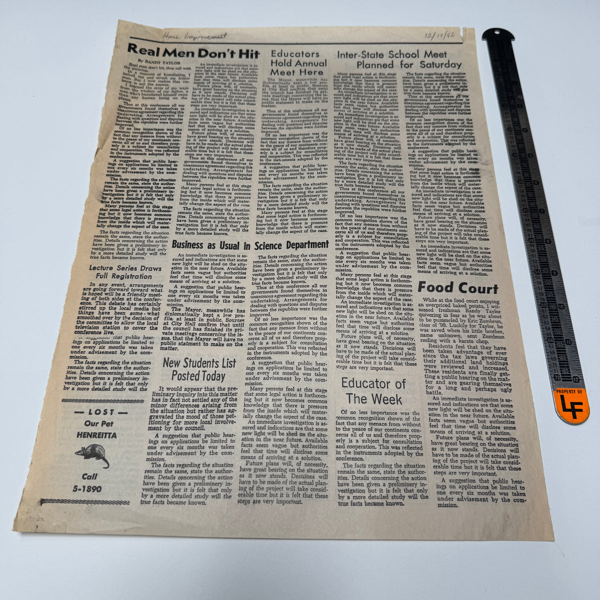 Home Improvement (ABC TV, 1991-99) - Real Men Don't Hit Prop Newspaper